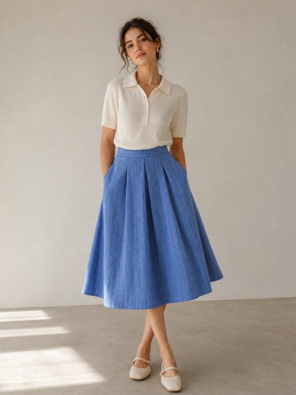 Miss Selfridge Blue Pleated Midi Skirt High Waisted A Line Chambray Retro Pocket